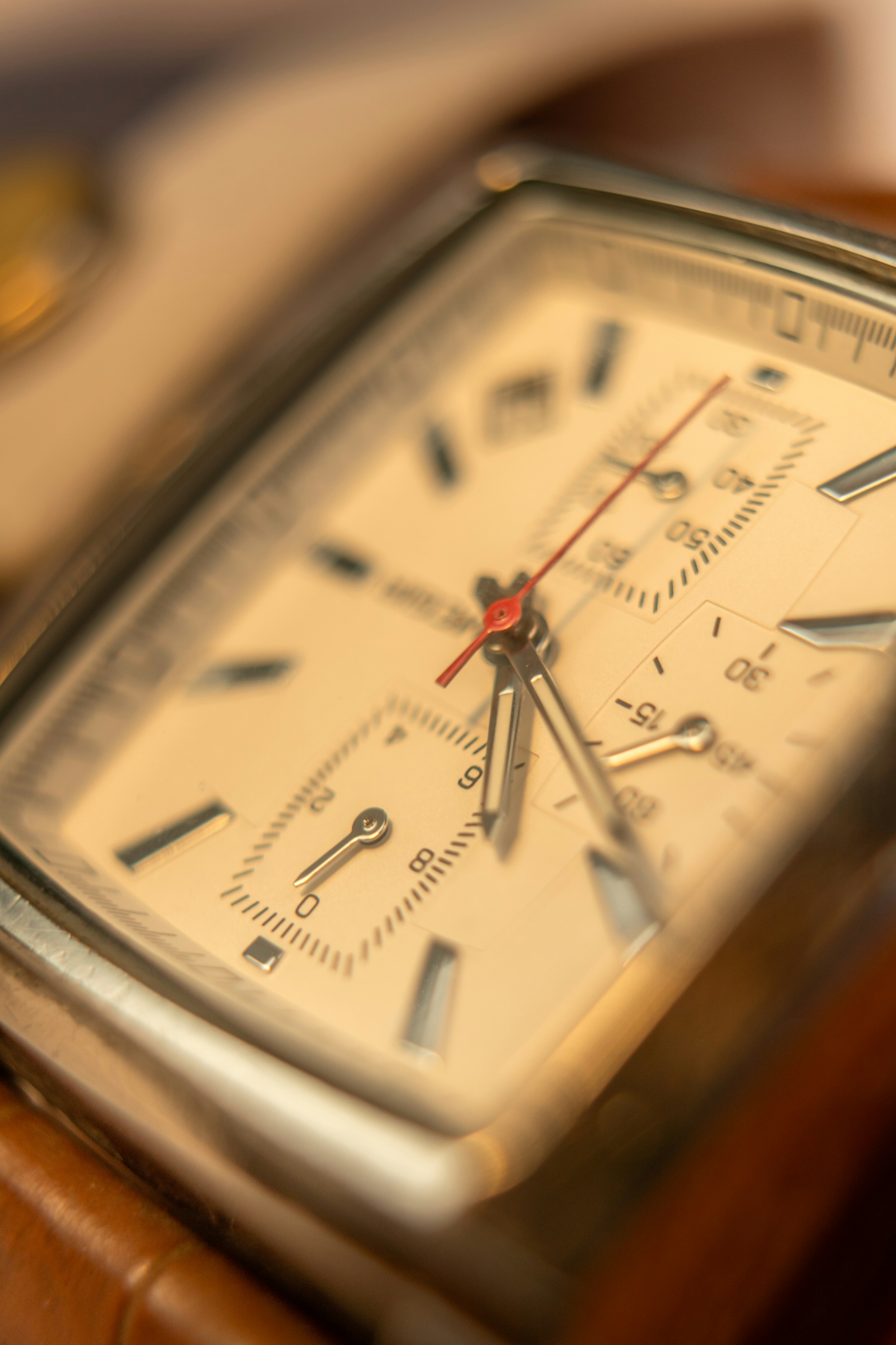 Close-up of a vintage wristwatch with leather strap