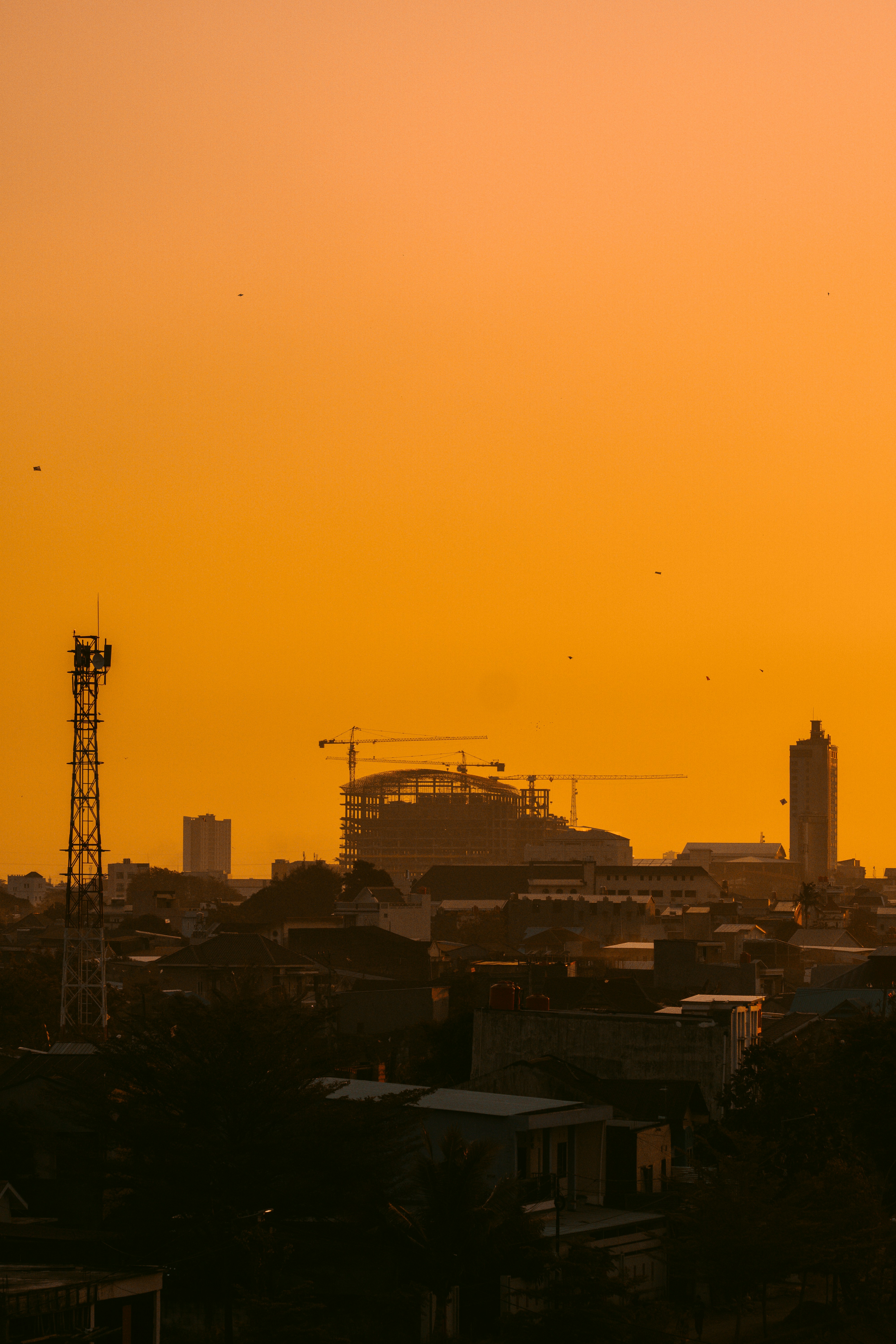 City skyline with construction cranes at sunset.