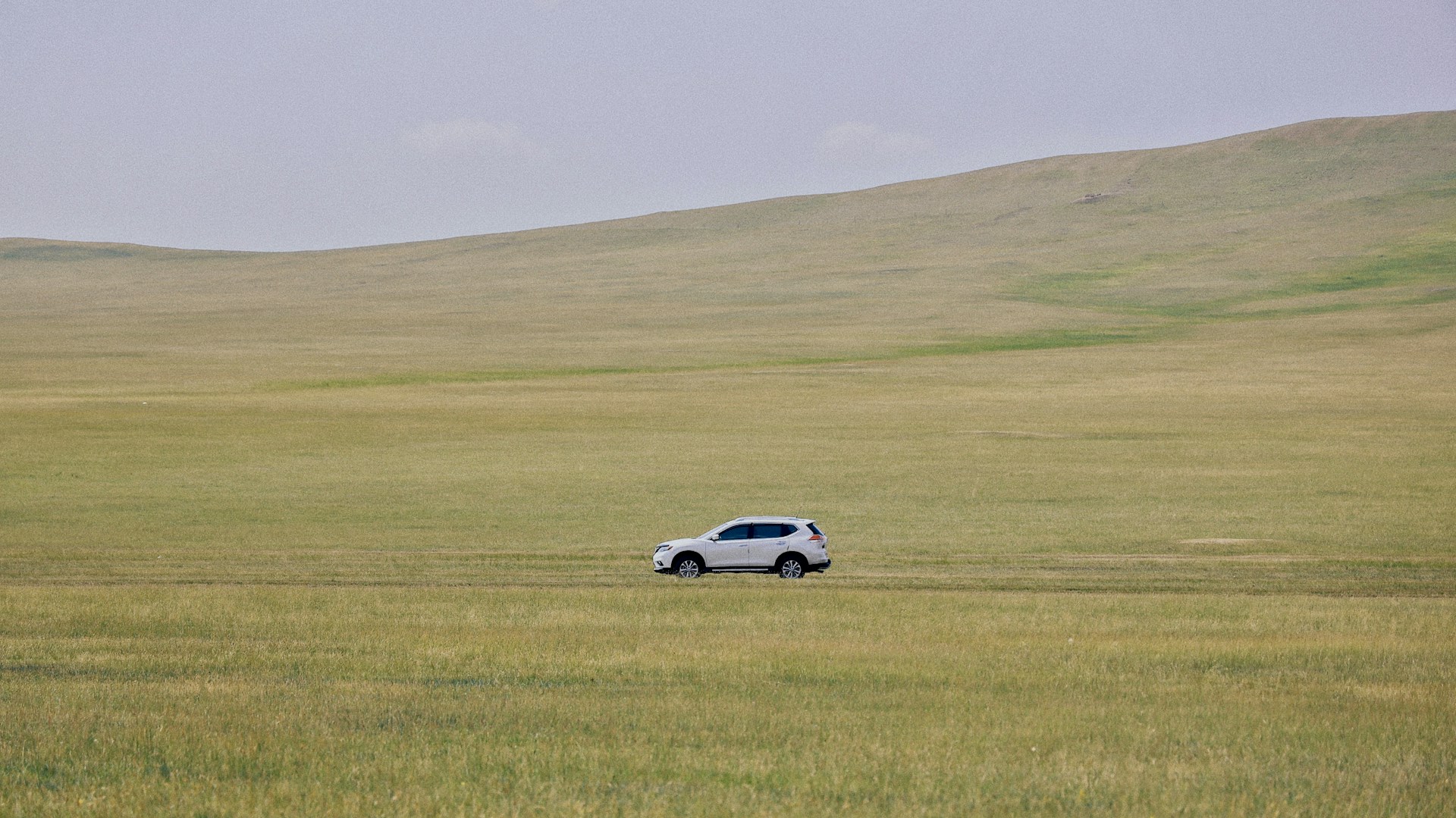 White suv driving across a vast, grassy plain.