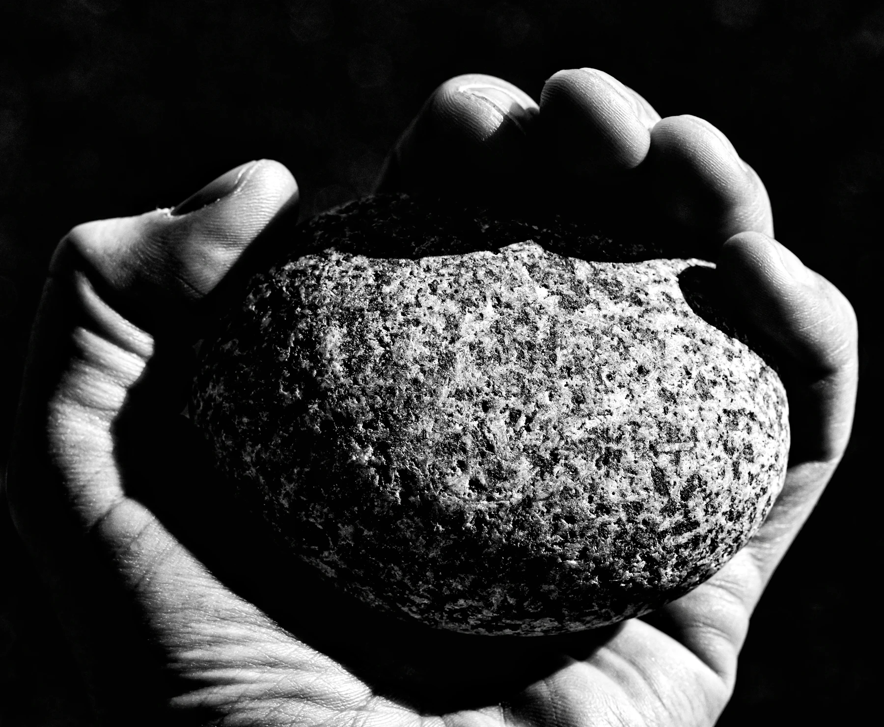Black and white close-up of a hand cradling a rounded, pitted stone