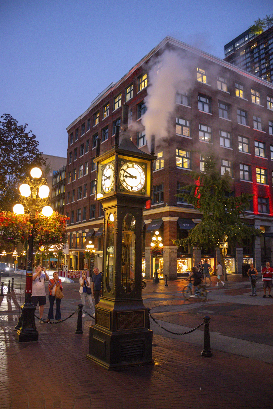 Lamplit brick streetscape in Gastown, Vancouver