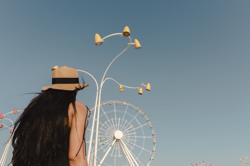 Woman in hat with long hair and ferris wheel