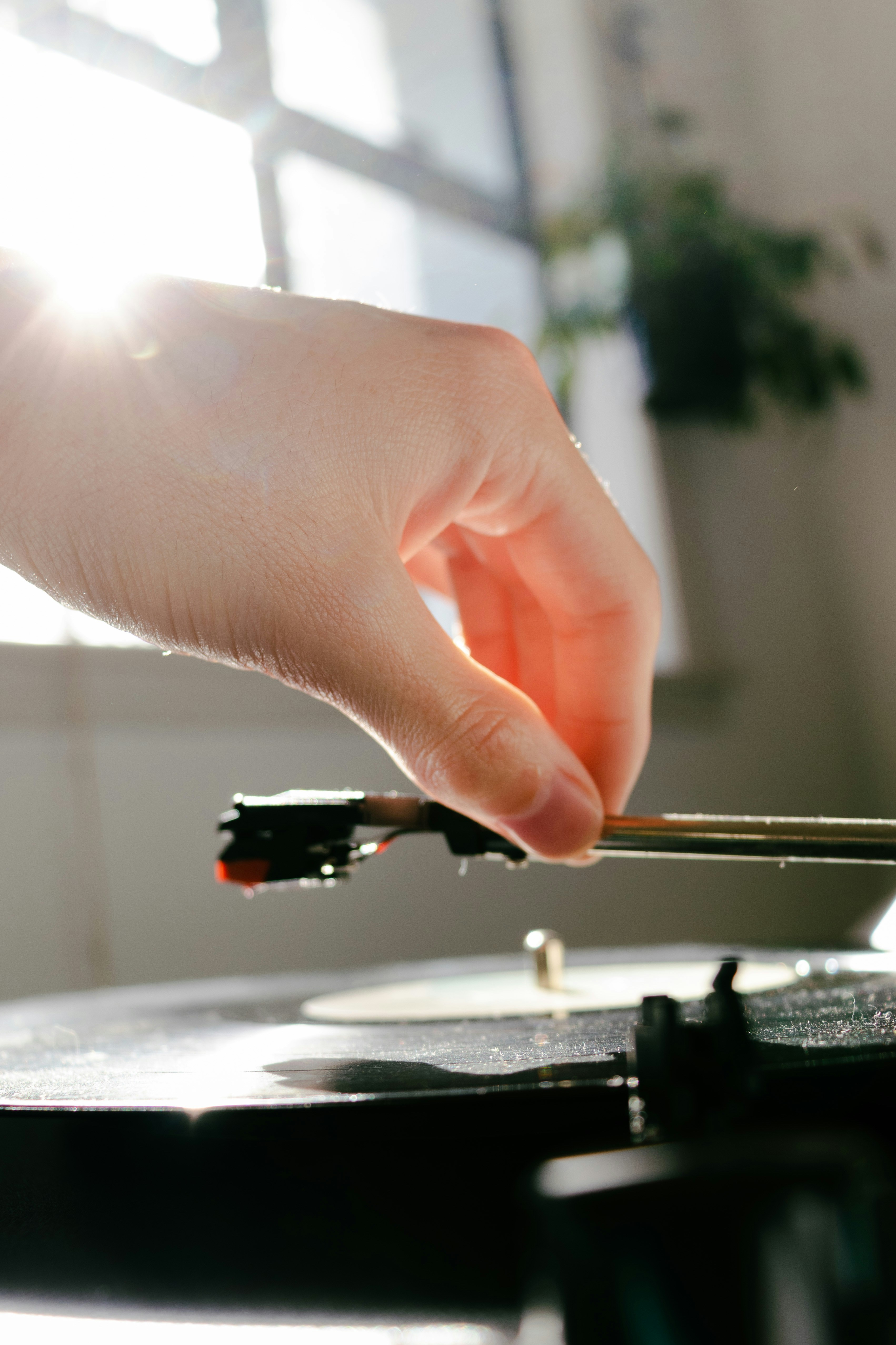 Hand places needle on vinyl record player.