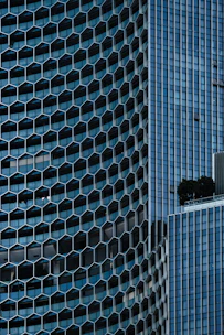 Modern buildings with geometric facade patterns
