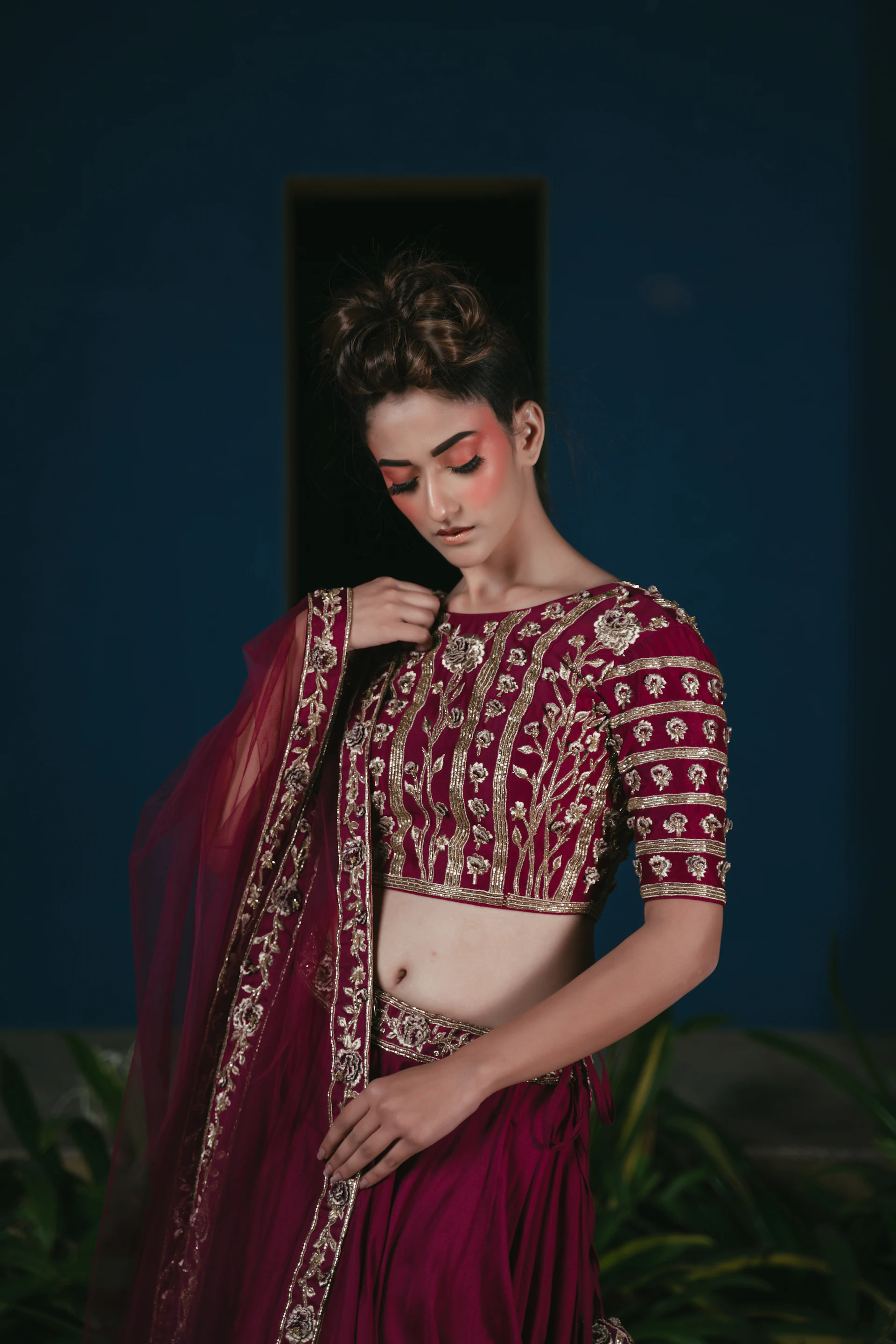 Maroon silk velvet anarkali with zardozi embroidery