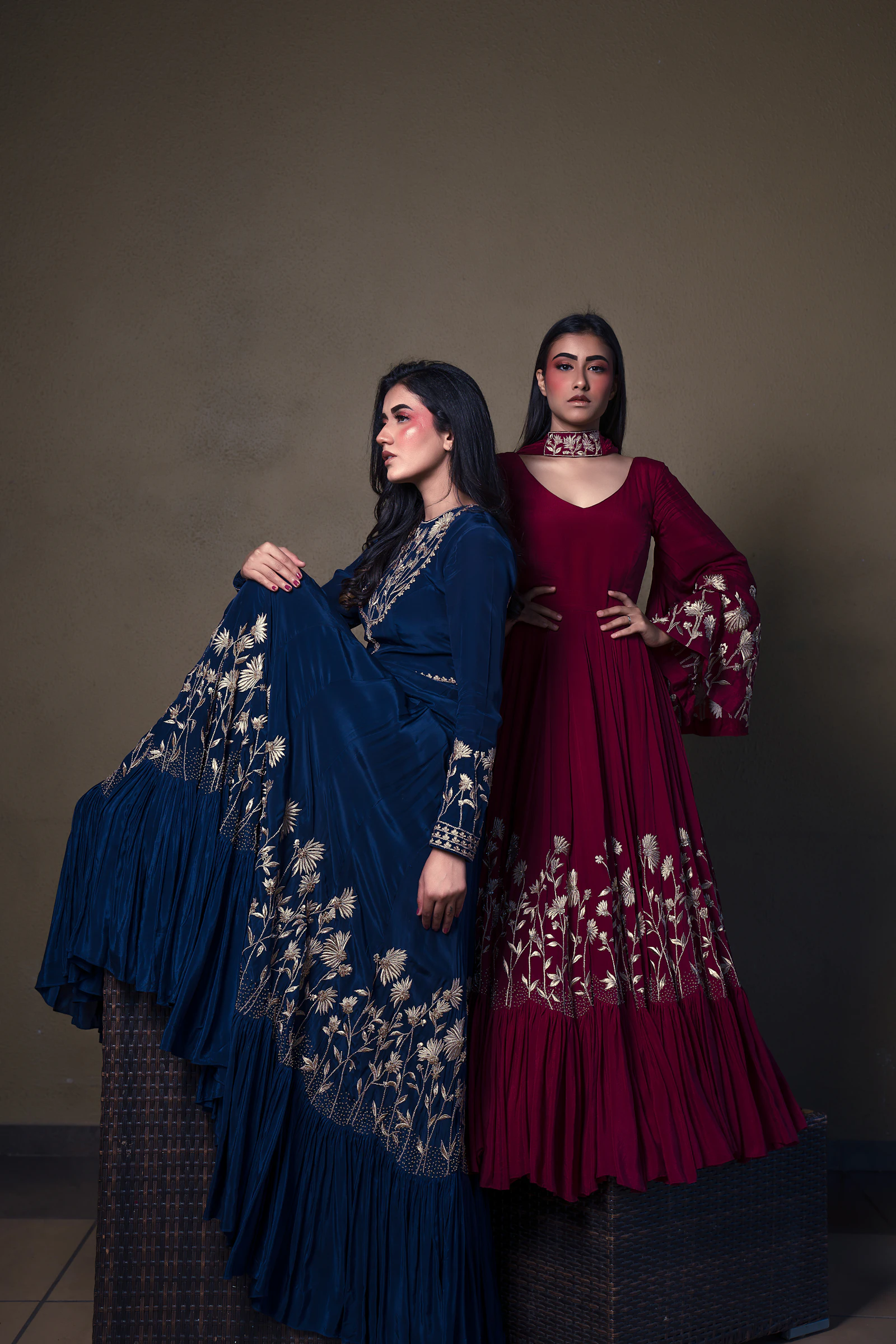 Two women styled together in premium Indian ethnic wear, co-ord and kurti sets