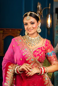 A woman in traditional indian wedding attire smiles.
