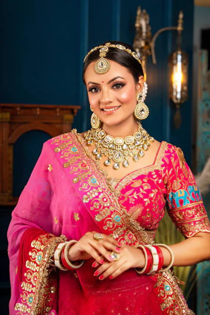 A woman in traditional indian wedding attire smiles.