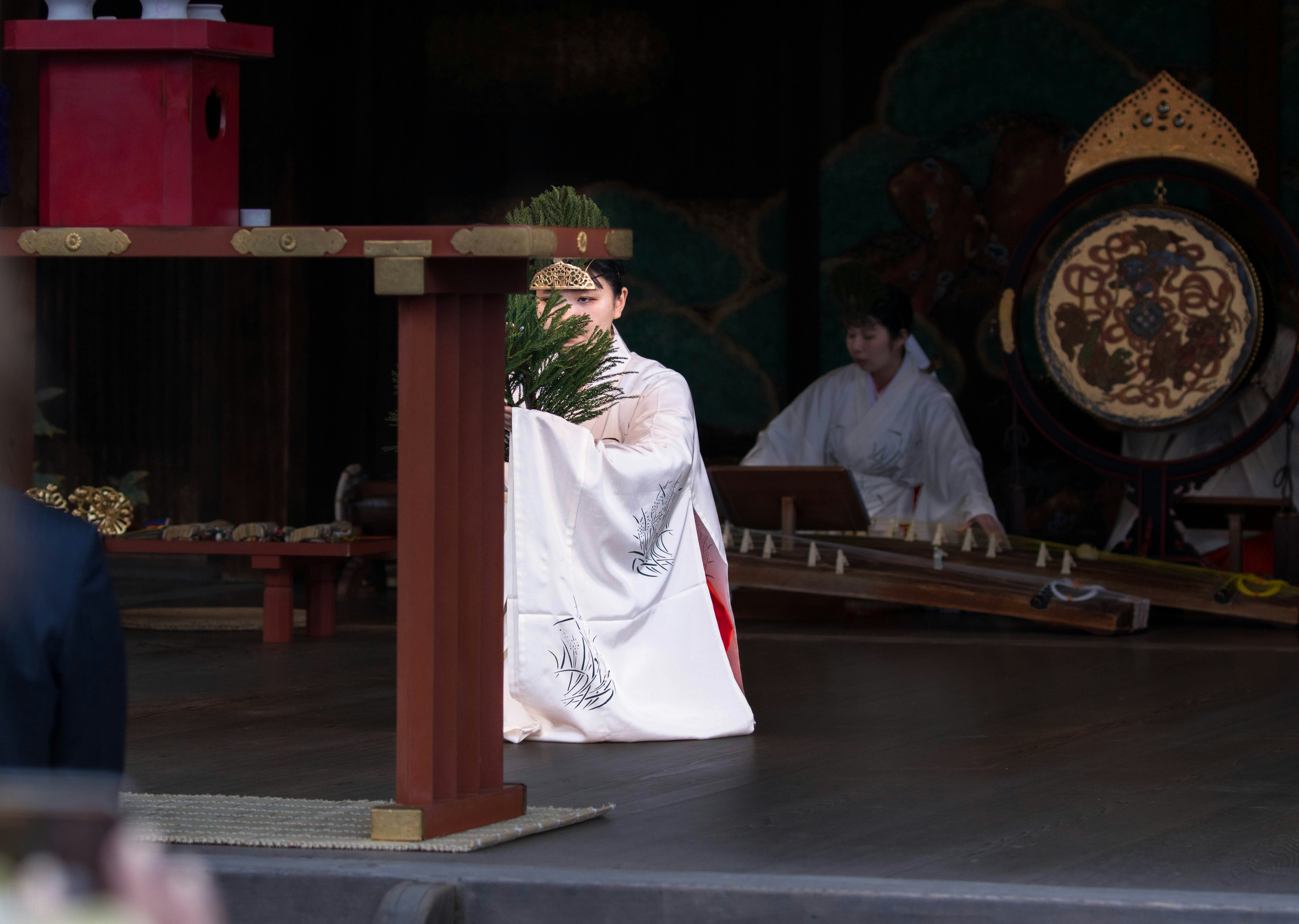 Woman in white robes performs ritual with green branches. photo – Free ...