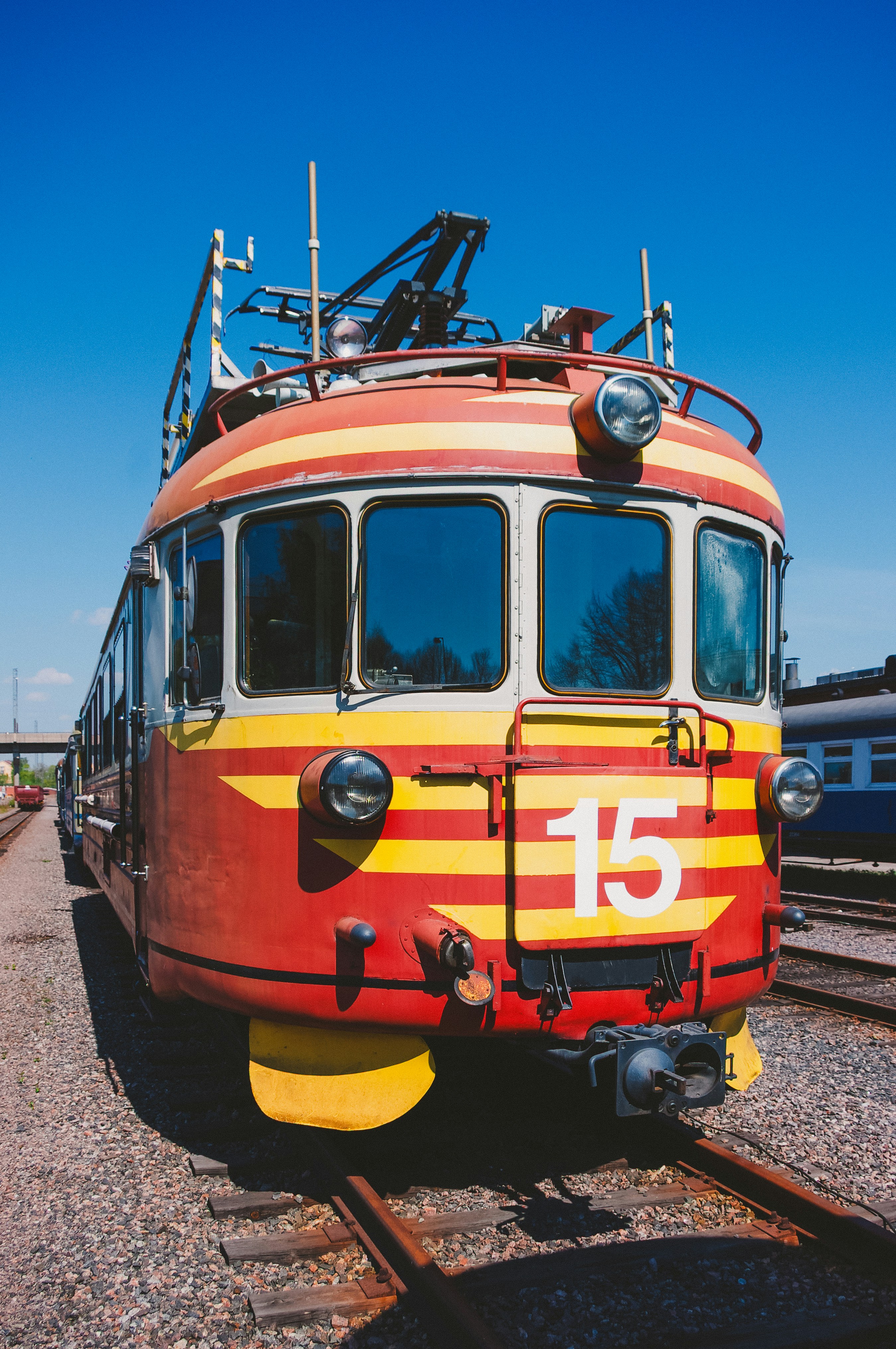 Red and yellow vintage train on tracks