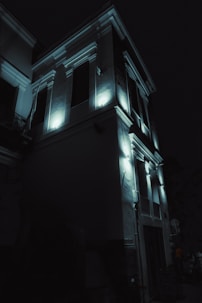 A building illuminated by spotlights at night