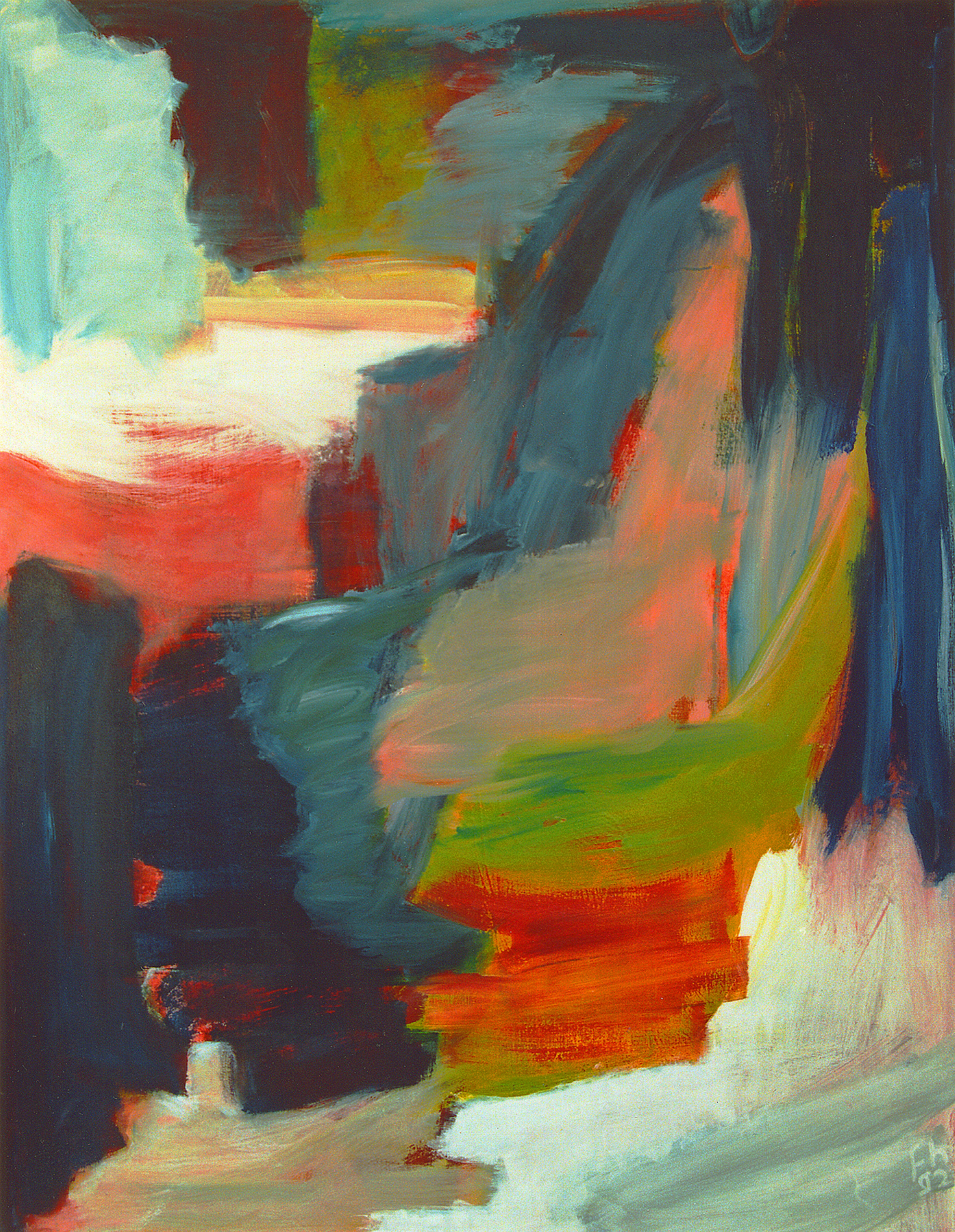 Abstract painting with bold brushstrokes of red, blue, and green.