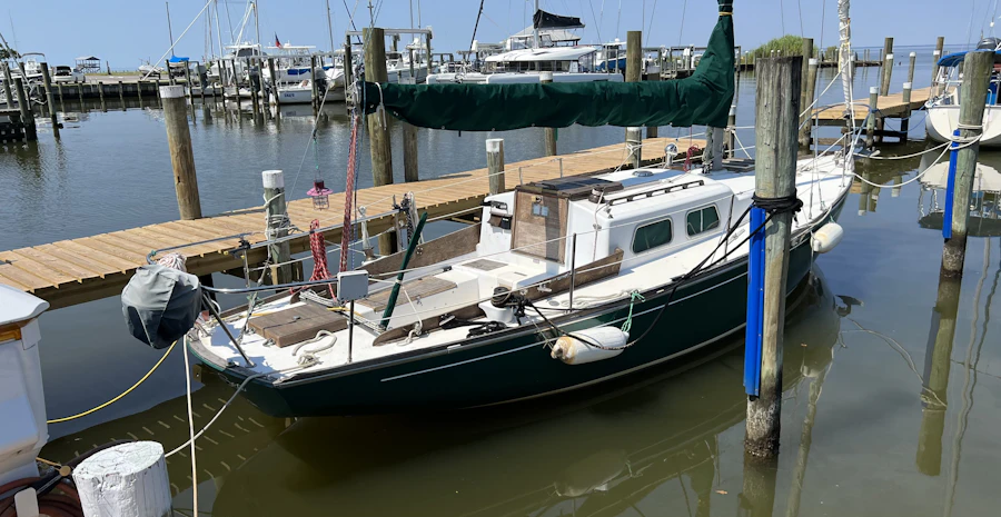 Sailboat at a calm marina near Magnolia Springs, Alabama