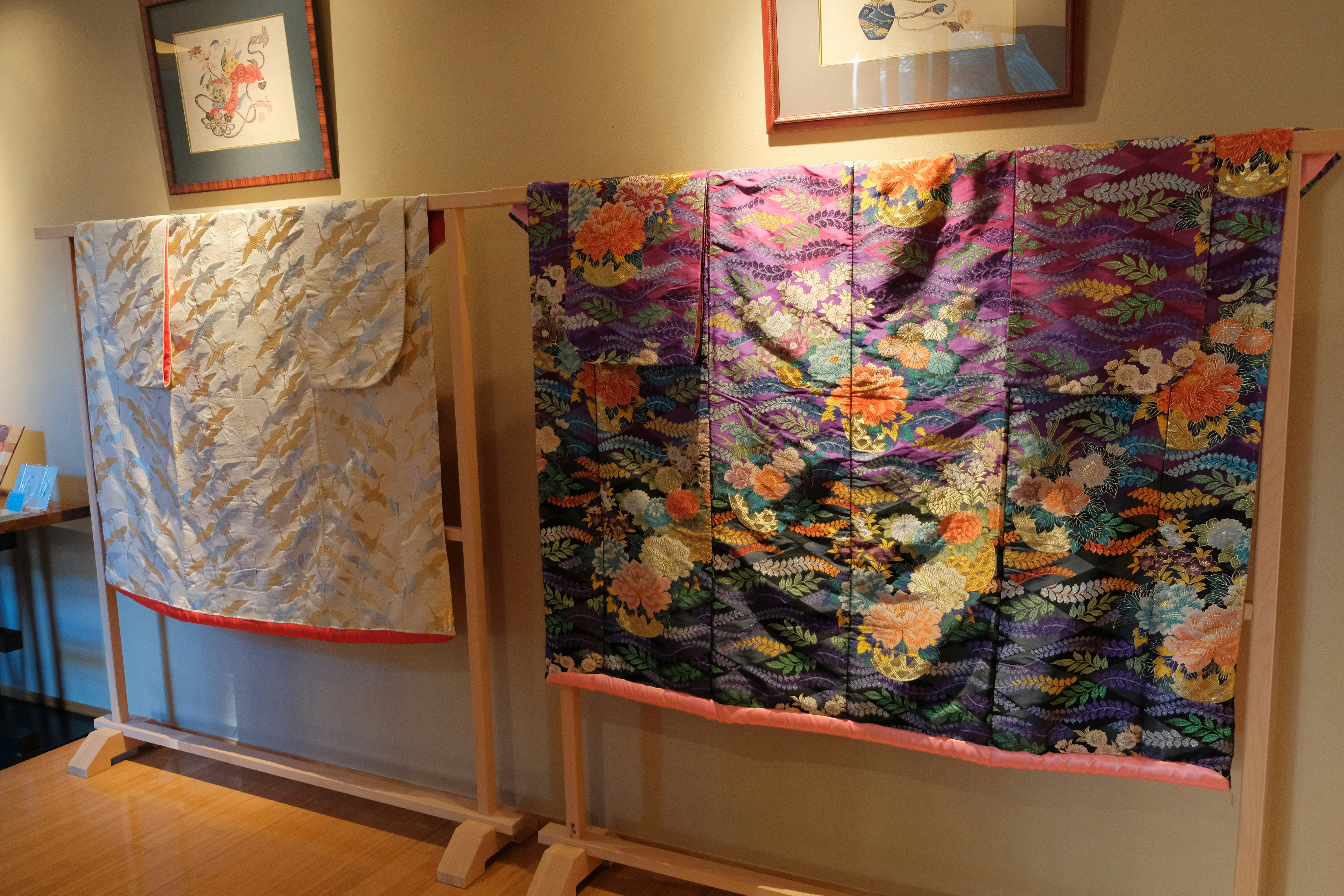 Comparison of silk and cotton kimono robe fabrics showing texture and drape