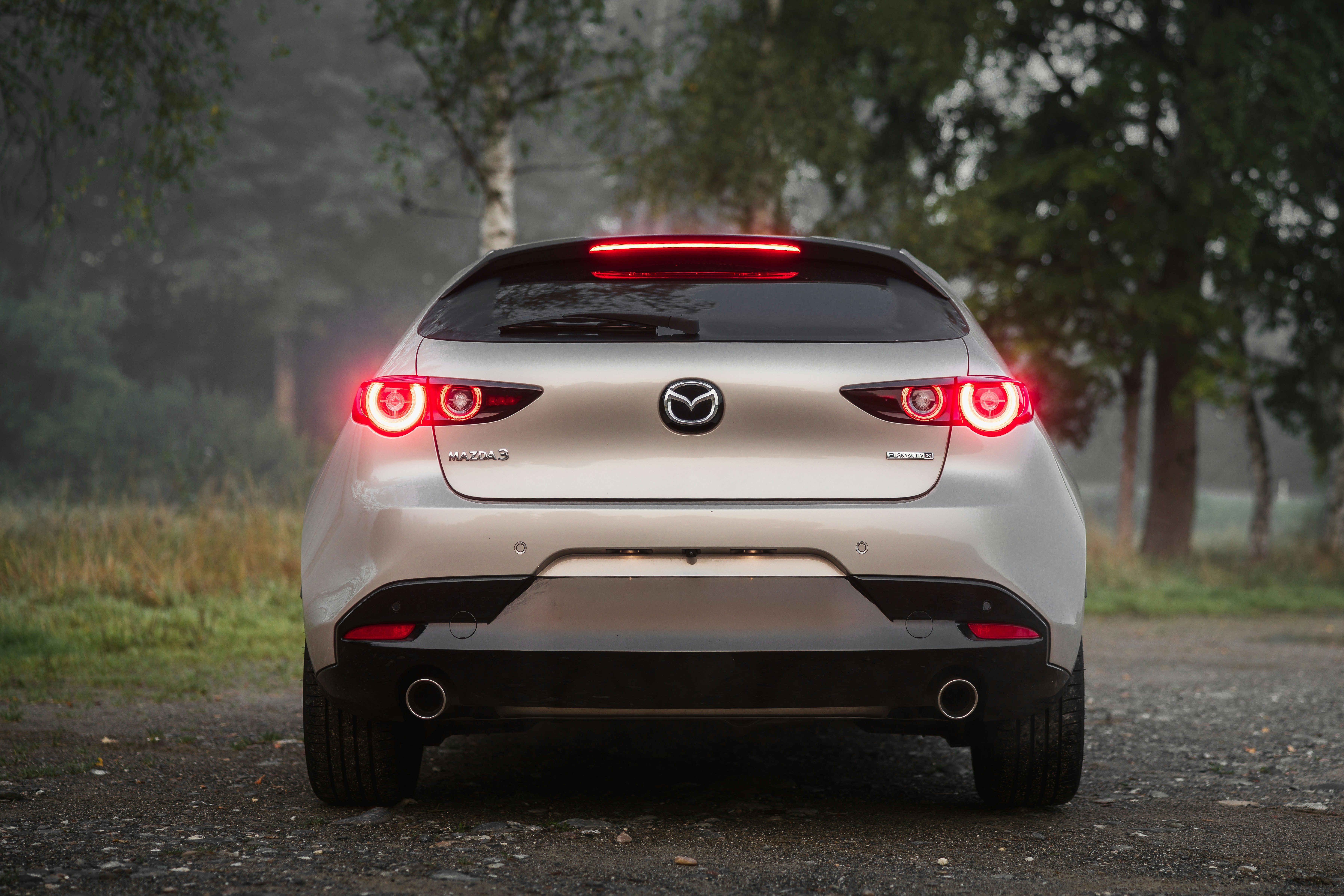 Rear view of a silver hatchback car with taillights illuminated.