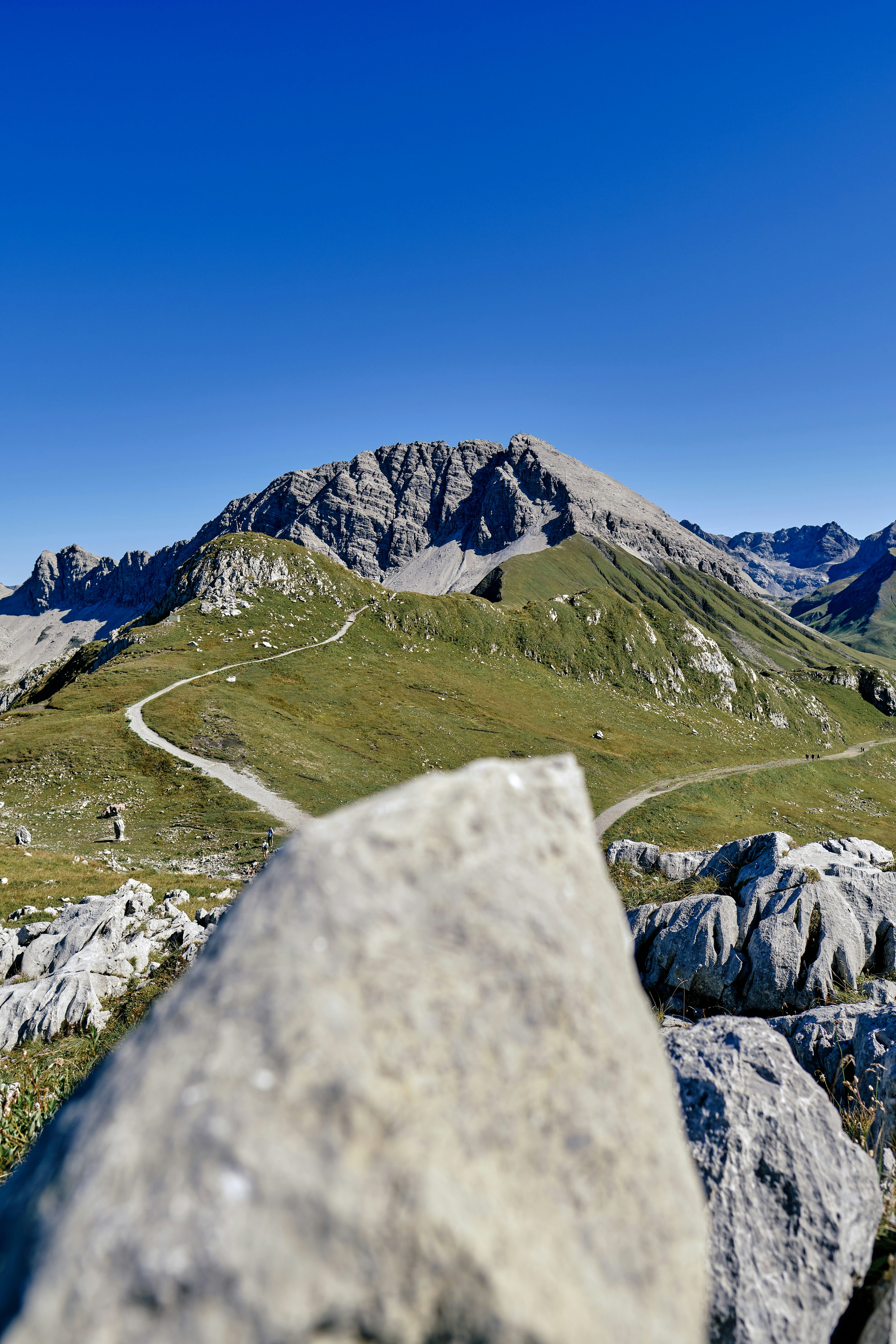 A winding path leads to a rugged mountain peak.
