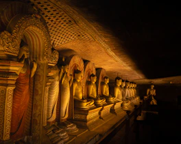 Row of golden buddha statues in a dimly lit cave