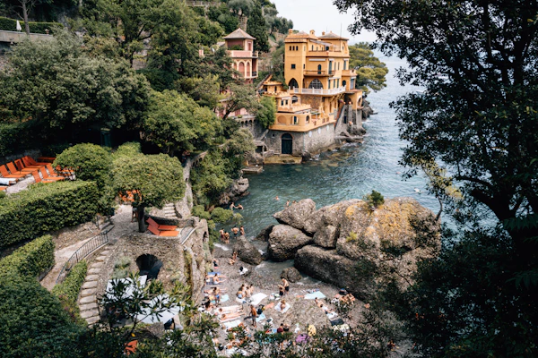 Colorful coastal village facades above the water