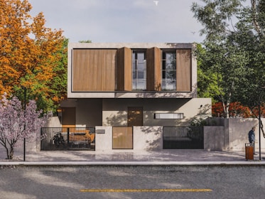 Modern concrete and wood house with trees
