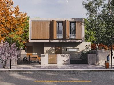 Modern concrete and wood house with trees