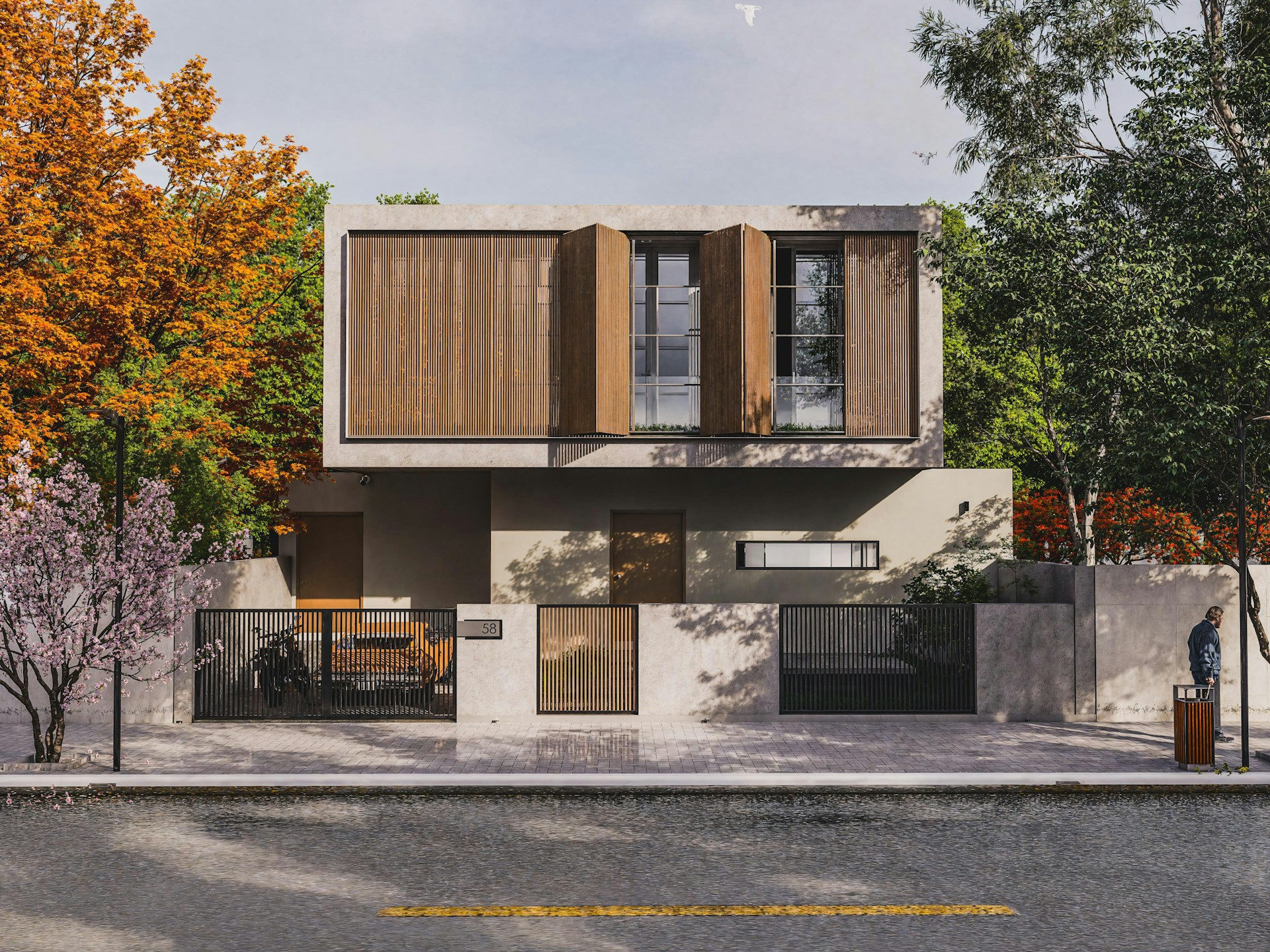 Modern concrete and wood house with trees