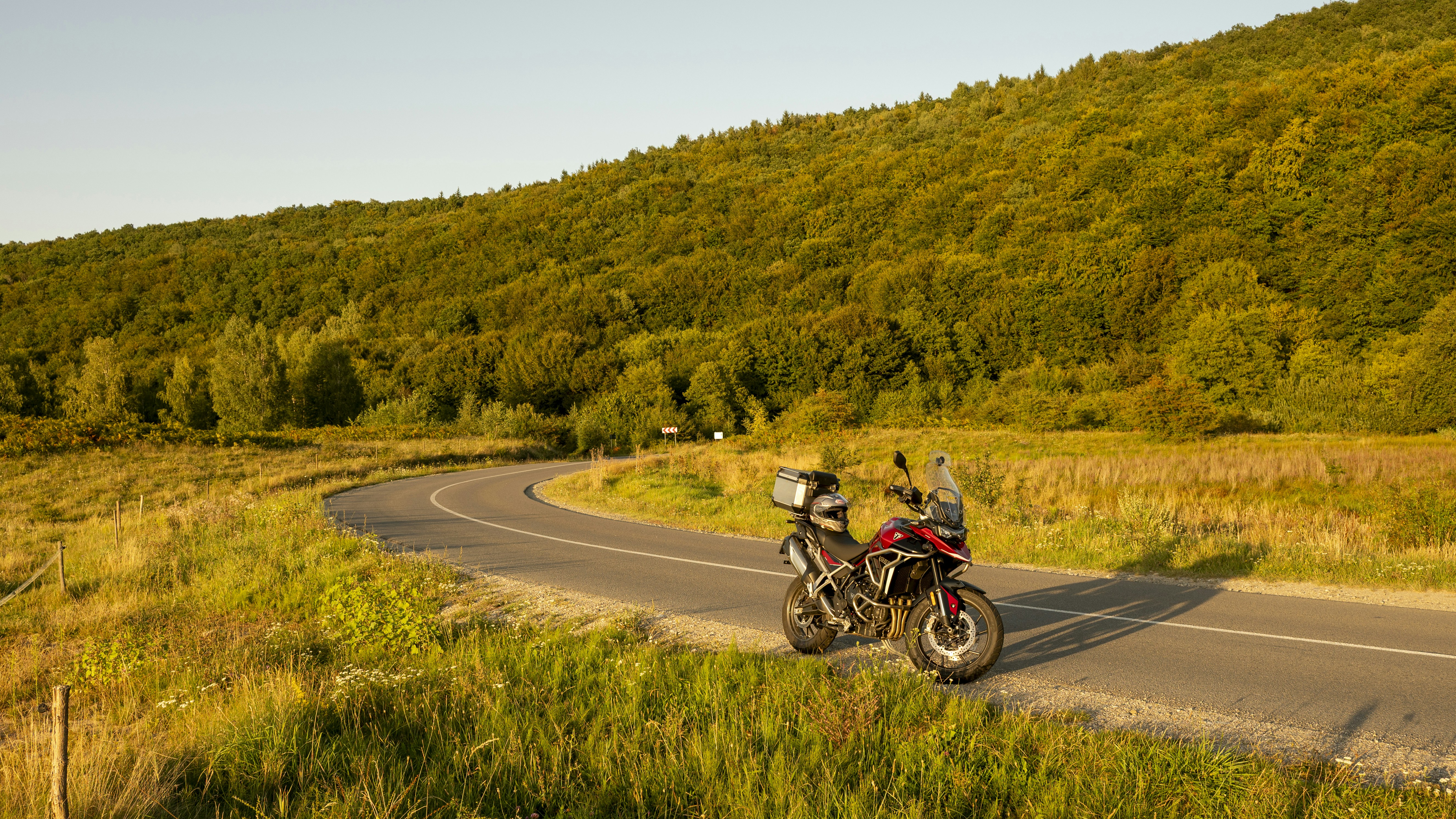 Motorcycle parked on a winding road near a forest.