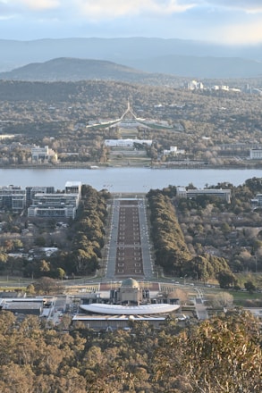 Panoramic view of capital city with central government buildings.