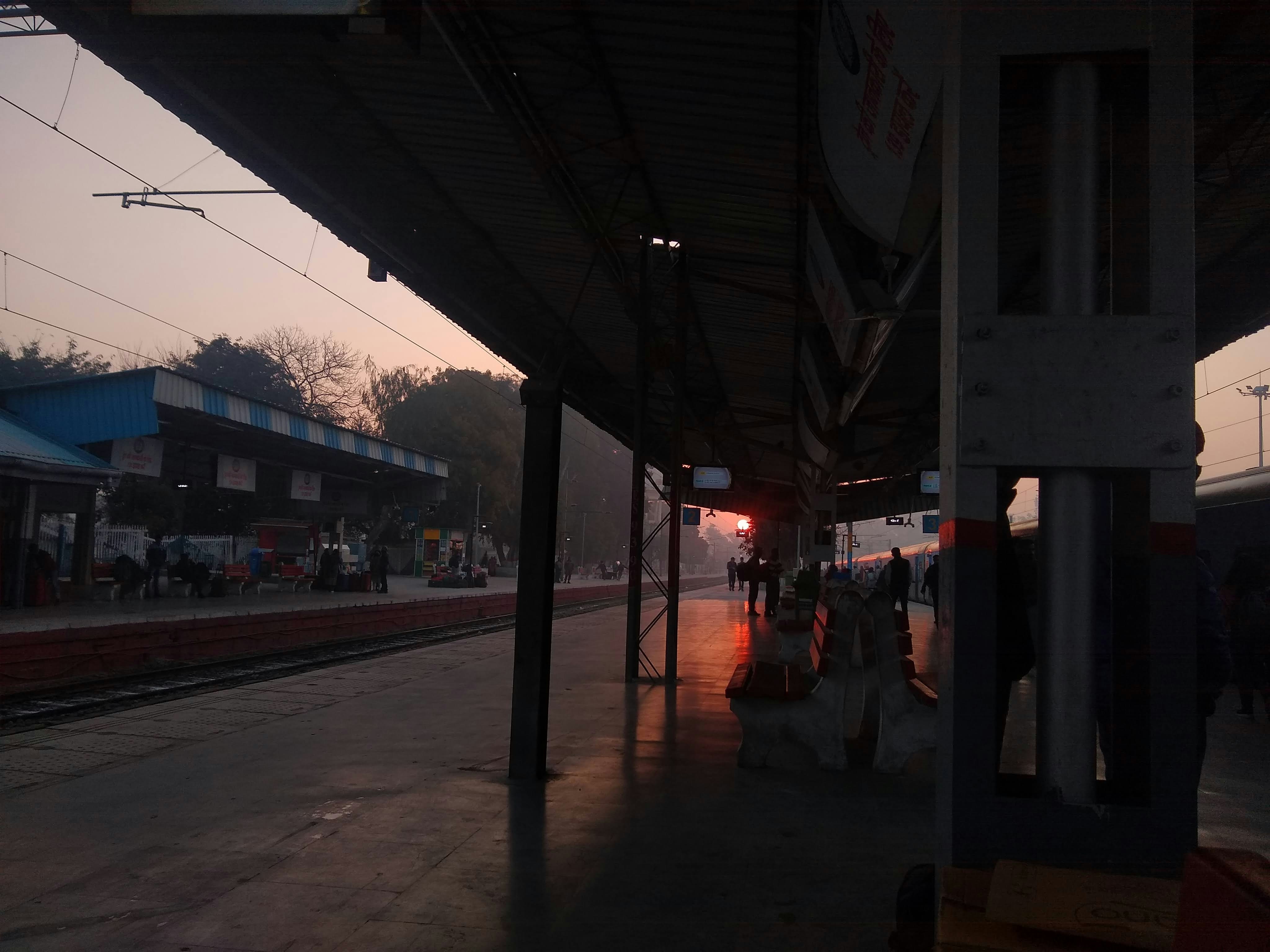 Train station platform at sunrise