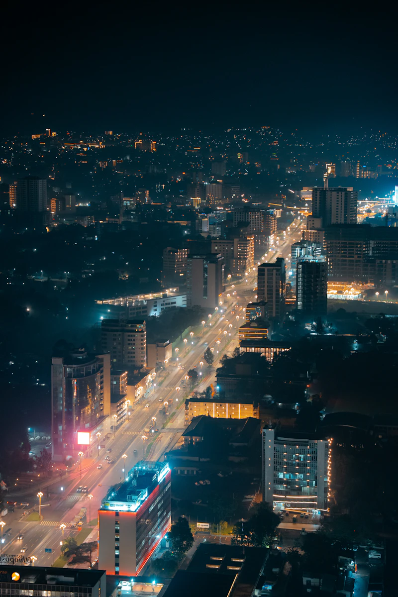 Aerial view of Addis Ababa streets at night, Ethiopia