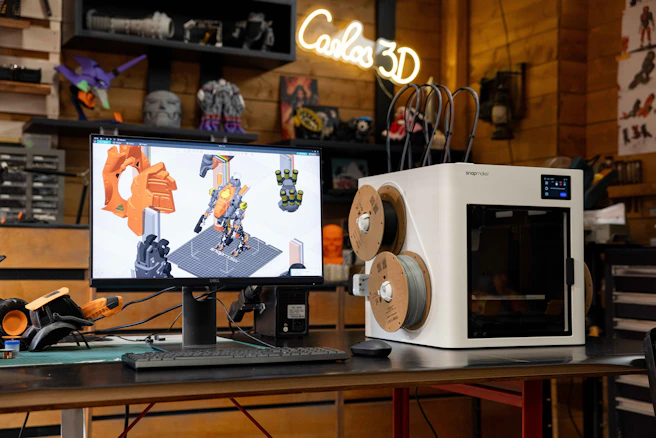 3D printer with computer displaying design on desk.