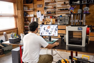 Man working on computer in a workshop with 3D printer.