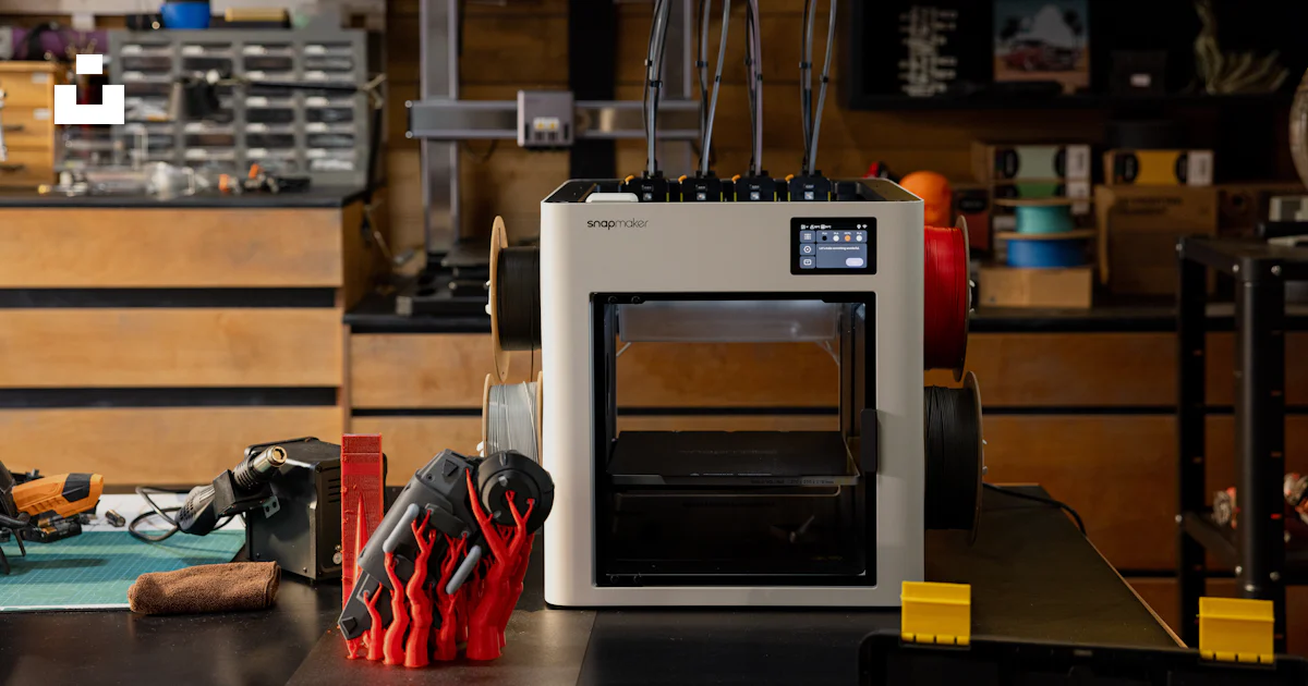 3D printer with tools and prototype creations in a workshop