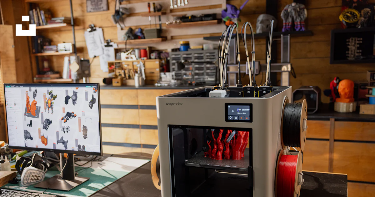 Desktop 3D printer with filament spools in a workshop
