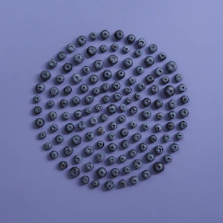 Blueberries arranged in a circular pattern on purple background