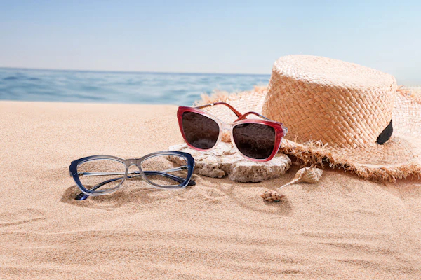 Straw hat and sunglasses on the sand