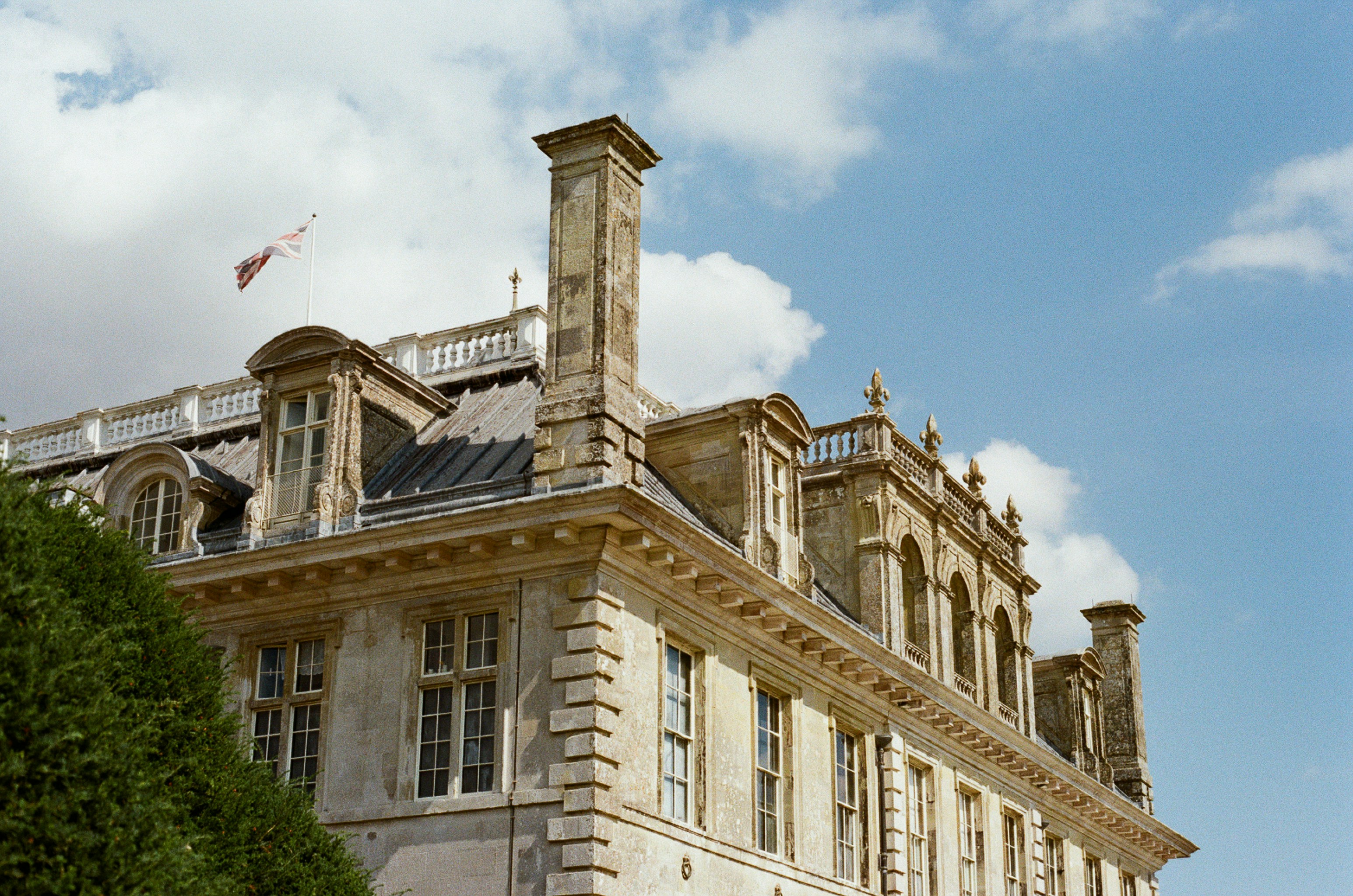 Historic building with ornate architecture against blue sky