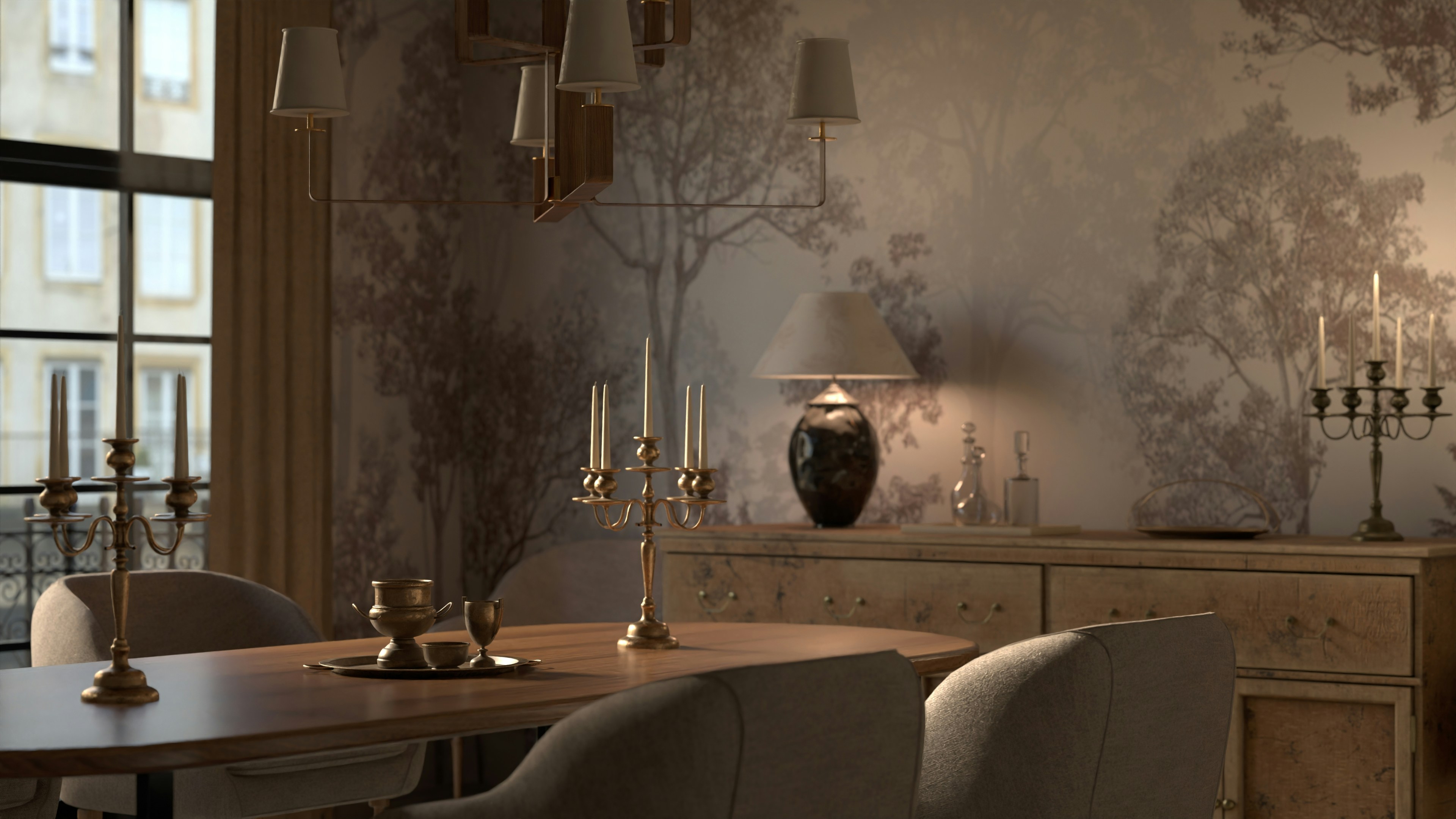 Elegant dining room with ornate candelabra and wallpaper.