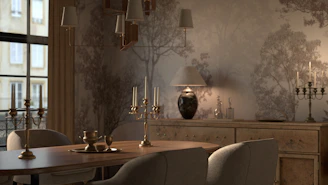 Elegant dining room with ornate candelabra and wallpaper.