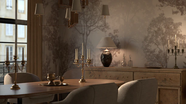 Elegant dining room with ornate candelabra and wallpaper.