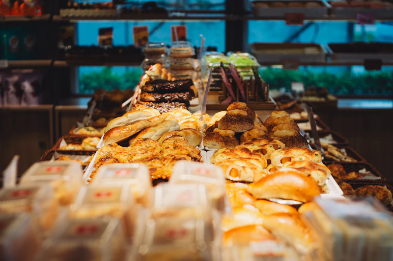 Freshly baked goods on display in a bakery