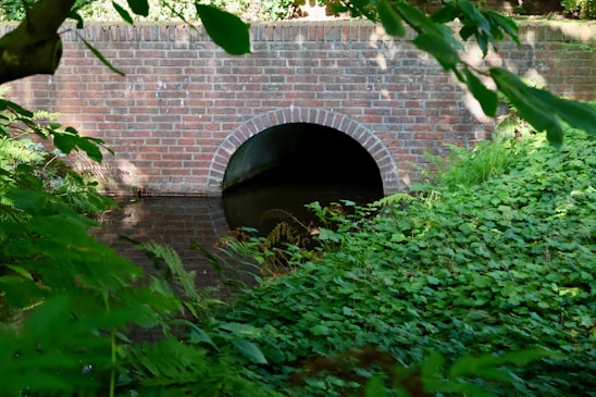 Brick archway over a stream in lush greenery