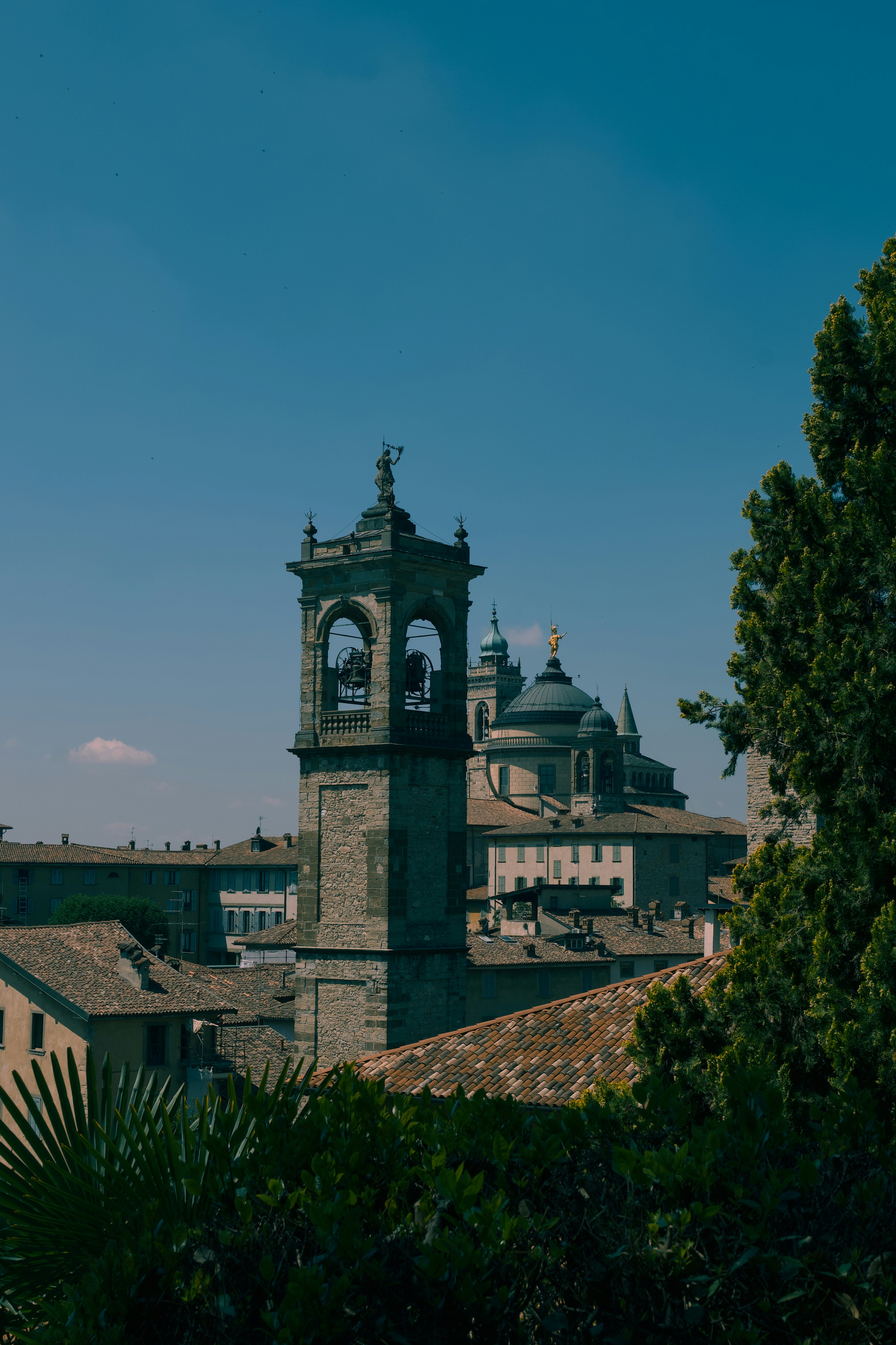 Historic italian cityscape with bell tower and domes.