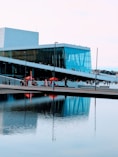 Modern building with glass facade reflected in water