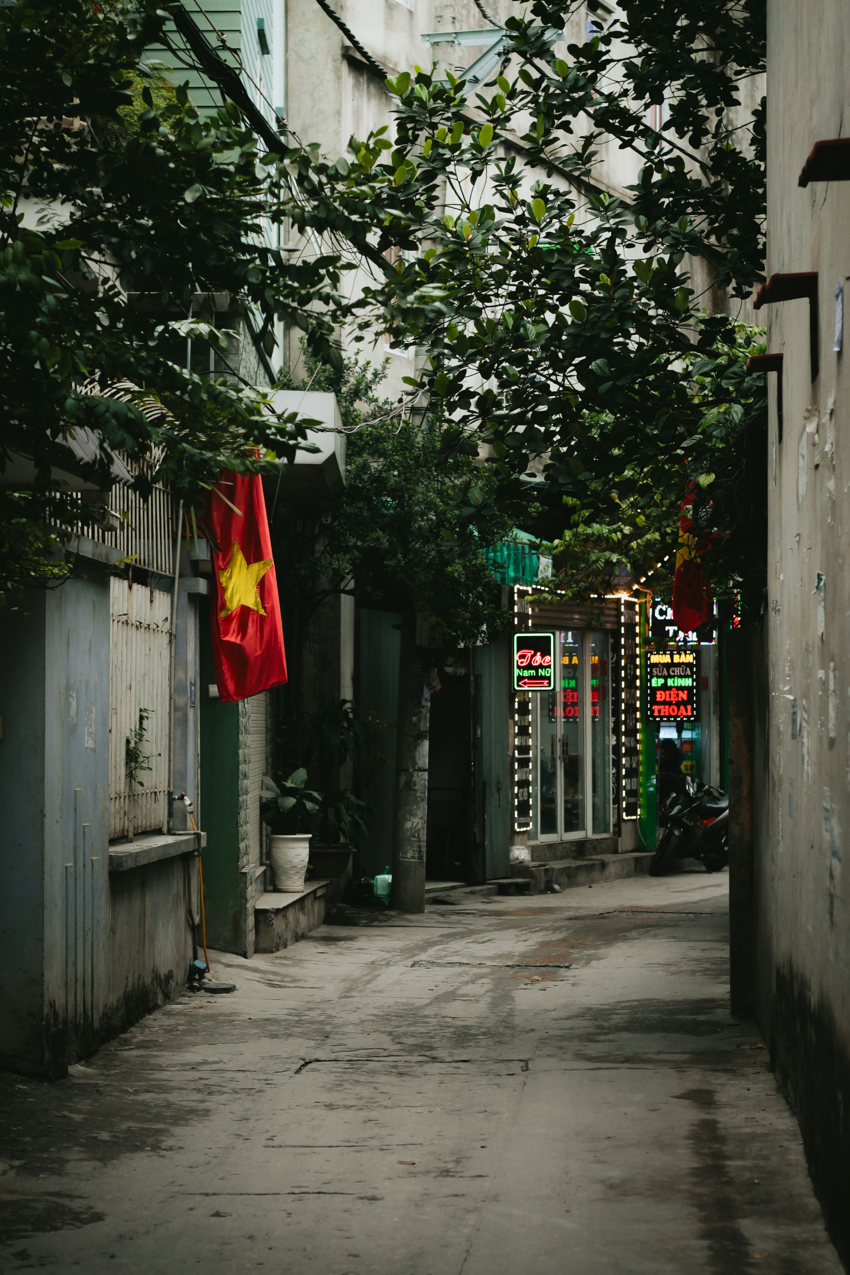 Narrow alleyway with vietnamese flag and shops.