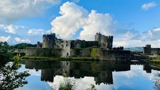 Historic castle surrounded by water under cloudy sky