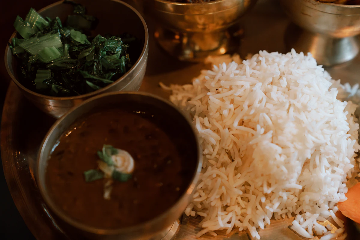 A close-up of rice and dal