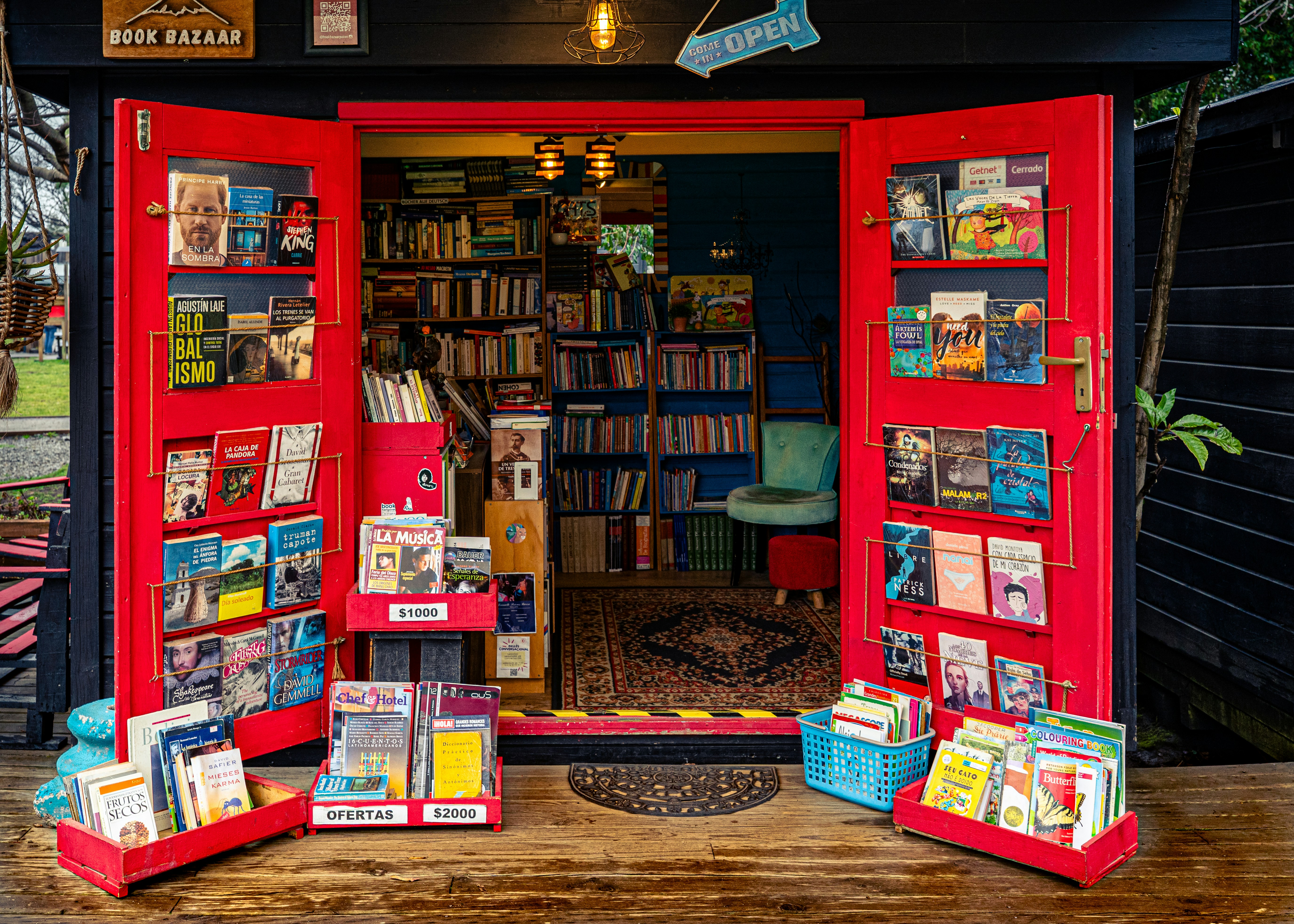 Cozy bookstore entrance filled with colorful books