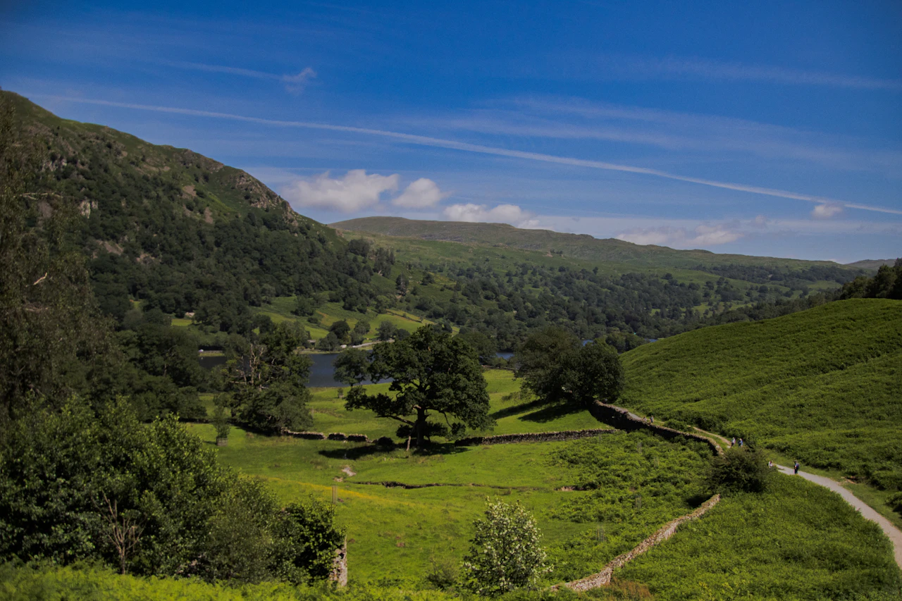 Lush green hills and valleys under a blue sky