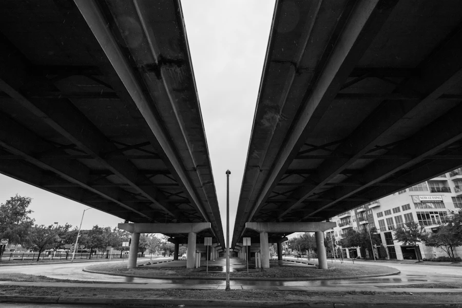 Black and white view standing under a twin elevated freeway deck beside a wet feeder road