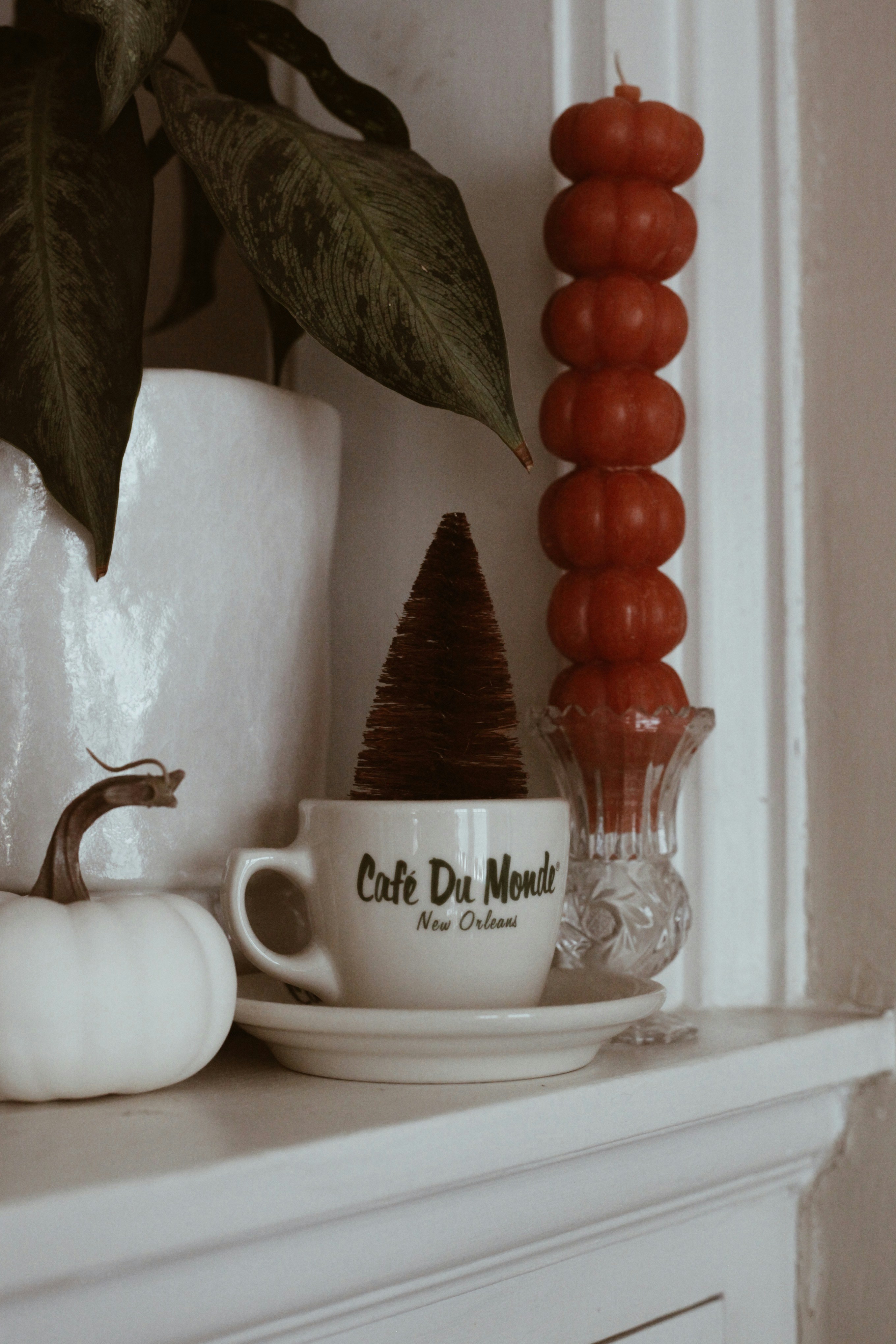 Autumn decorations with pumpkins and a small tree.